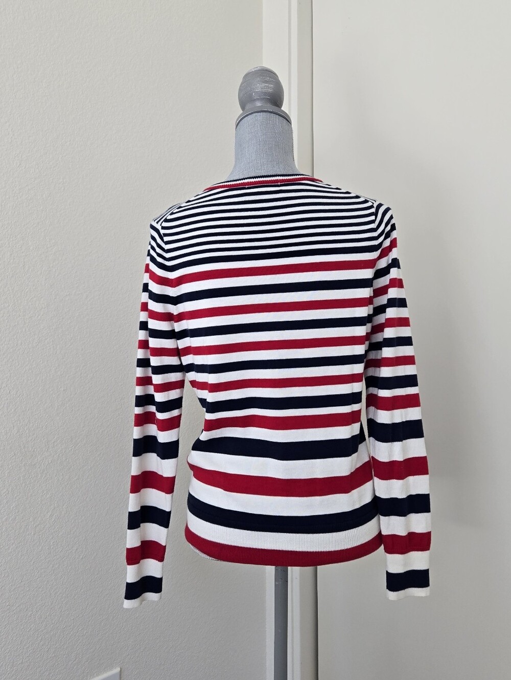 Lands' End Women's 6-8/ Small 100% Supima Cotton Red White Blue Stripe Cardigan - Picture 3 of 15